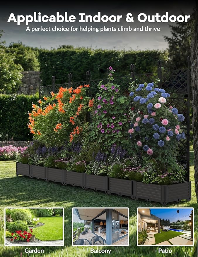 7 PCS Raised Garden Bed with Trellis & Privacy Screen, 116"w x 63"Tall Vertical Garden Planter Box for Climbing Plants - Sturdy Lightweight Outdoor Planter for Vegetables, Flowers on Patio, Balcony Rootora