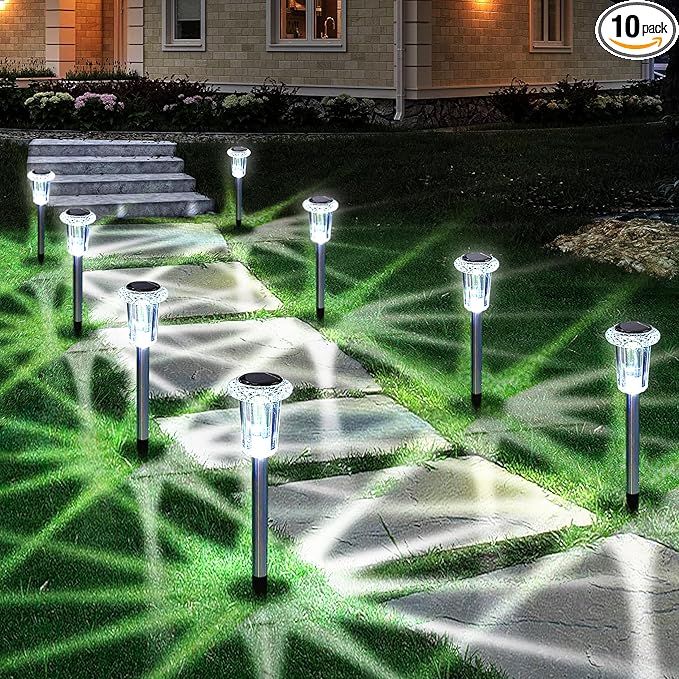 Solar Outdoor Lights, 10 Pack Waterproof Stainless Steel Solar Stake Lights for Pathway Garden Yard Path Walkway Driveway Lawn Patio Outside Decor, Cool White EYROSA