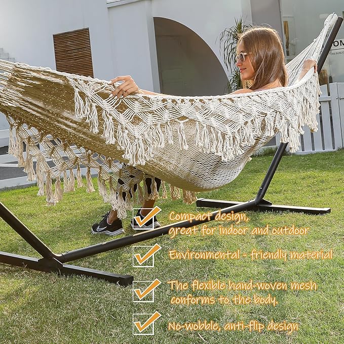 ZEAN Handwoven Hammock with Tassels by Thick Cotton Rope XL Two Person Hammock for Outside Patio Backyard Garden Beach 550LB Capacity ZEANTZ.