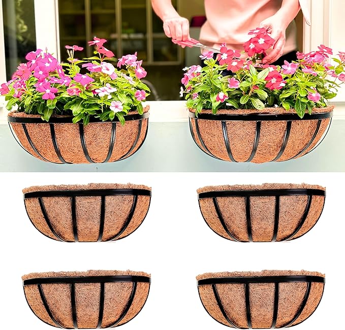 LaLaGreen Wall Planters for Outdoor Plant (16 Inch, 4 Pack) Deck Railing Planter Boxes for Outside Plants Window Flower Box with Coco Liners Metal Horse Troughs Fence Garden Herb Patio Porch over Rail L%C3%A1L%C3%A1Green