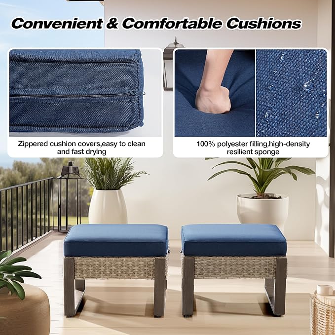 Joyside Outdoor Patio, All-Weather PE Rattan Ottomans Footstools with Removable Cushions & Anti-Rust Wood-Looking Legs for Garden, Backyard, Porch, Deck (Blue) Joyside