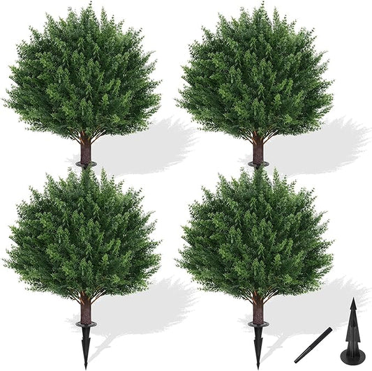 Artificial Cypress Topiary Tree with Ground Spike, Set of 4 Artificial Shrub Bushes, Fake Evergreen Tree for Porch, Artificial Plants for Outdoor Planters Indoor UV Resistant FEELTHENEWWORLD