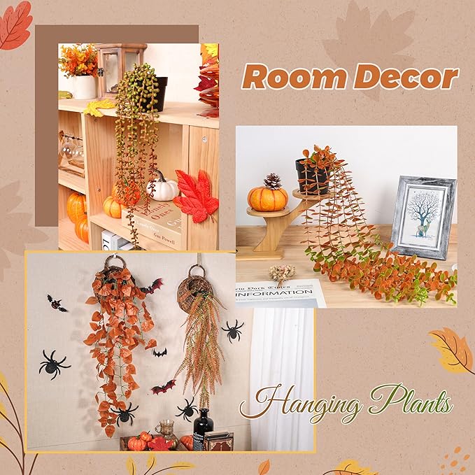 Der Rose 4Pcs Fake Fall Plants Hanging Orange Artificial Eucalyptus Plants, Boston Fern, Fake Potho, String of Pearls for Halloween Bathroom Table Centerpiece Wall Mantle Decor Indoor and Outdoor DerRose