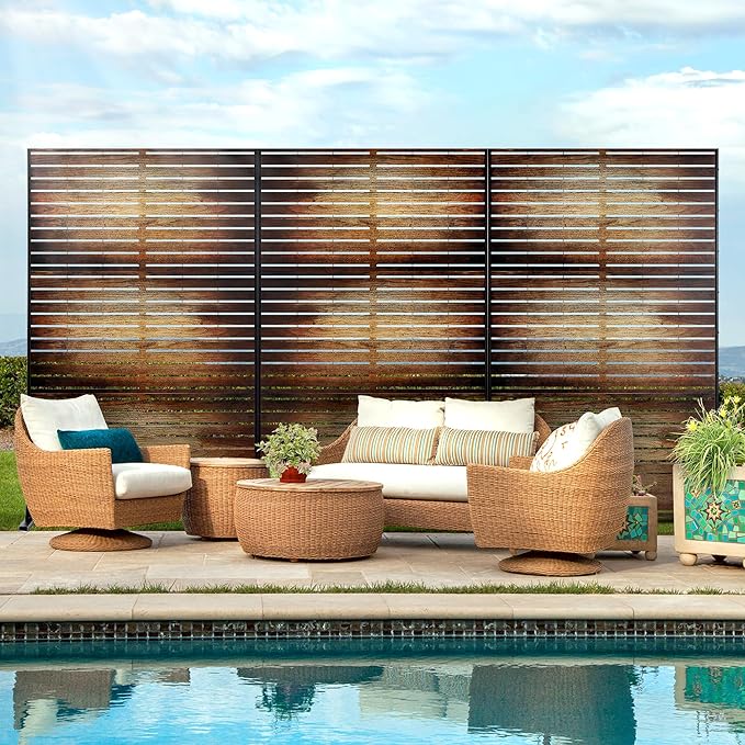 FENCY Metal Outdoor Privacy Screen 72" H×47" W Vintage Wood Color Patio Privacy Screen, Freestanding Decorative for Deck Balcony Patio FENCY