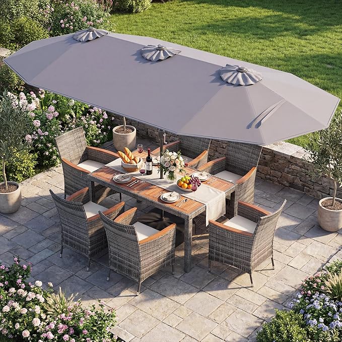Tangkula 9 Piece Rattan Outdoor Dining Set with 13Ft Umbrella for 6, Outdoor Wicker Table Set with 6 Cushioned Armchairs, Acacia Wood Top, Outdoor Umbrella & with Base Included TANGKULA