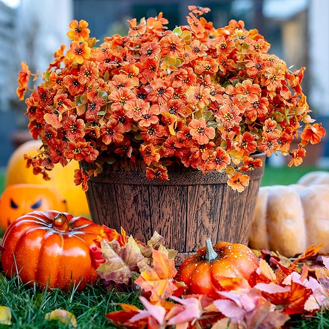 Artificial Fall Flowers Outdoor Fake Mums - 16 Bundles Fake Plants UV Resistant No Fade Faux Plastic Greenery Garden Porch Patio Fall Home Decor (Orangegreen) AXYLEX