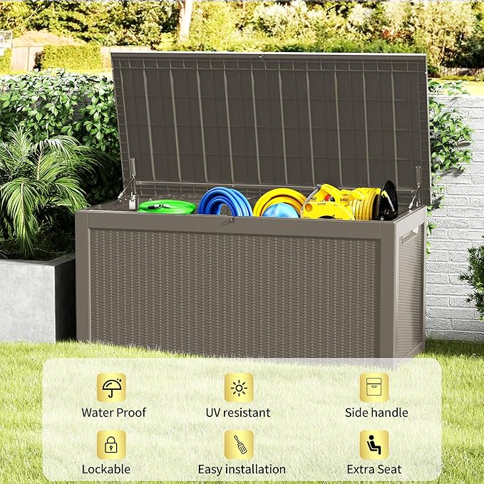 TARKARI 320 Gallon Lockable Resin Deck Box, Waterproof & UV-Resistant Outdoor Storage Box for Outdoor Cushion Storage, Garden Tools & Pool Accessories Storage, Gray Home