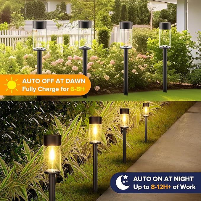 UME 8 Pack Solar Pathway Lights Outdoor, Bright Solar Garden Lights with Metal Design–IP65 Waterproof, Auto On/Off, 3000K LED Landscape Lighting for Yard, Lawn, Walkway, Driveway, Patio Decor UME