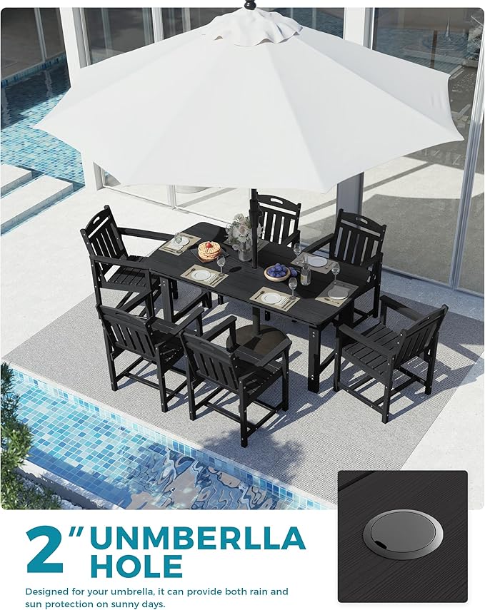 Ciokea HDPE Outdoor Dining Set, 7-Piece Patio Table and Chairs Set with Umbrella Hole, All-Weather Patio Dining Sets for 6, Durable Patio Furniture for Backyard, Garden, Lawn & Poolside, Black CIOKEA