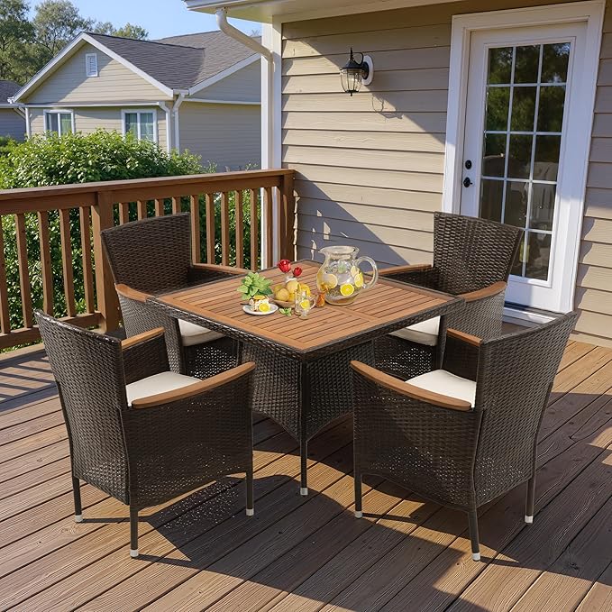 Wisteria Lane Patio Outdoor Table and Chairs Set, Rattan Outdoor Patio Furniture Set with Removable Cushions, Outdoor Patio Dining Sets with Acacia Wood Tabletop for Deck Garden Backyard, Brown WisteriaLane