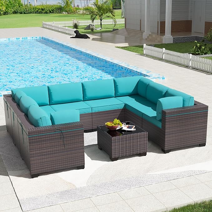 Kullavik 9 Pieces Outdoor Patio Furniture Set PE Wicker Rattan Sectional Sofa Patio Conversation Sets,Blue KULLAVIK