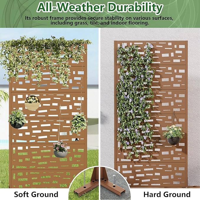 Casaphoria Metal Privacy Screen Outdoor, 72" H x 35" W Freestanding Decorative Privacy Screen for Patio Deck Balcony Garden with Stable Base, Brown-Geral Casaphoria