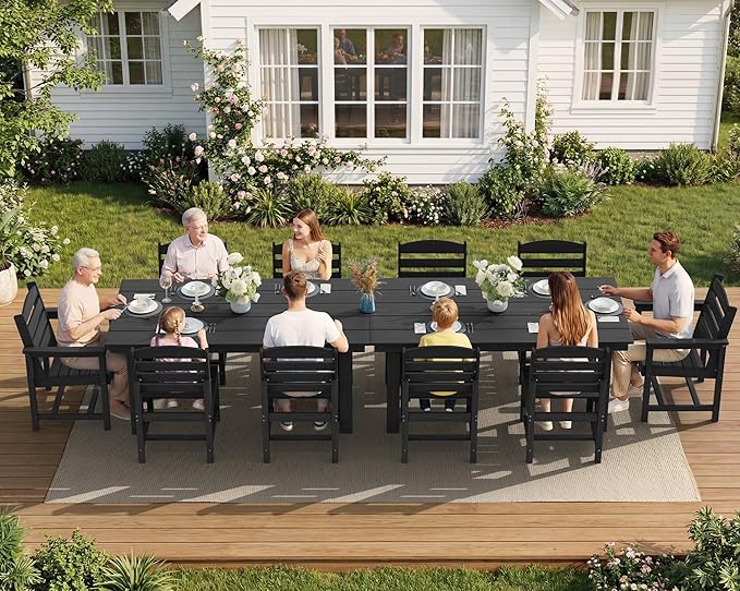 SERWALL Patio Dining Sets for 10 Person, HDPE Dining Set with 2 Tables, 8 Armless Chairs and 2 Armed Dining Chairs, Black SERWALL