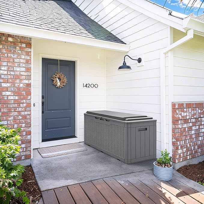 Greesum 100 Gallon Resin Deck Box Large Outdoor Storage with Cushions for Patio Furniture, Garden Tools, Pool Supplies, Weatherproof and UV Resistant, Lockable,Gray