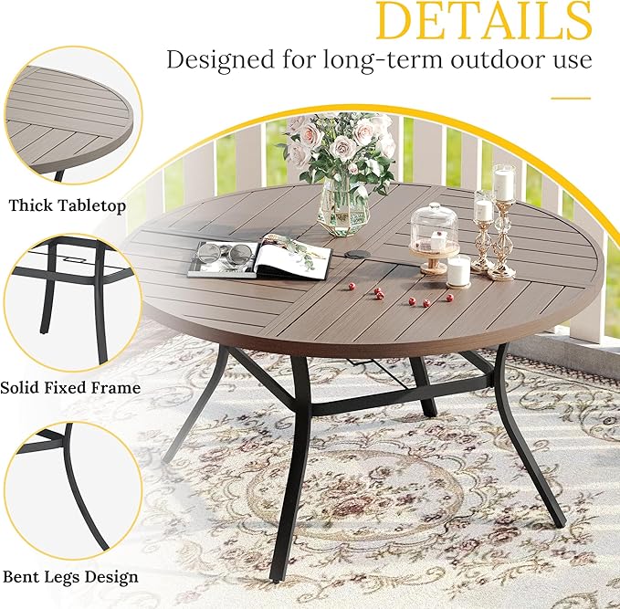VICLLAX Round Patio Table with Adjustable Umbrella Hole for 6, All Weather Metal Outdoor Dining Table for Lawn Garden, 50" Outdoor Coffee Table, Grey Wood-Like Tabletop HOME