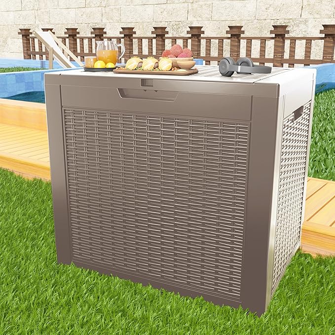 31 Gallon Outdoor Deck Box, Lockable Waterproof Outdoor Storage Boxes For Garden Tools,Indoor Cushions,Accessories Outside Storage Resin Weatherproof Container(Grey) MAIUSCOLI