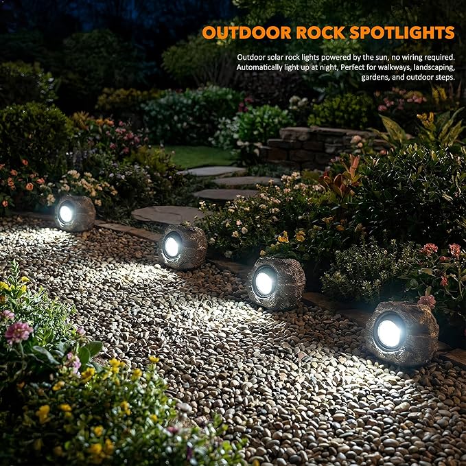 Solar Rock Lights Outdoor – 4 Pack Waterproof LED Landscape Garden Spotlights, Realistic Stone Design, Wireless Solar Powered Pathway Lights for Yard, Walkway, Patio & Lawn Decoration (Auto On/Off) VISFLAIR
