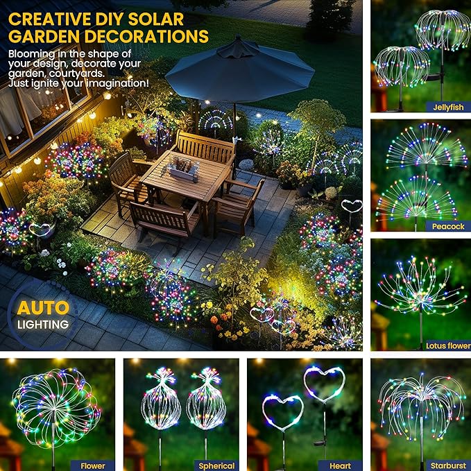 GIGALUMI Garden Decor Outdoor Lights 120LED 2Pack, Solar Garden Lights for Christmas Outside Fairy Firework Decorative,Solar Powered for Yard Pathway Flowerbed Planter Balcony Patio Decor (Multicolor GIGALUMI