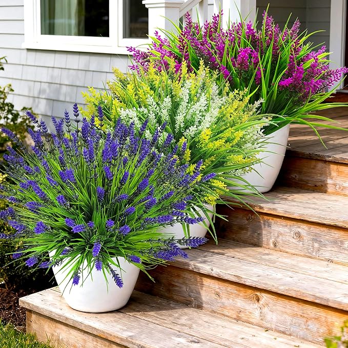 Artificial Plants Outdoor, 20 Pcs Fake Flowers UV Resistant Outdoor Fake Plants, Lavender Artificial Flowers Plastic Fake Faux Flowers Shrubs for Home Porch Garden Yard Window Box (Yellow White) TSTWETO