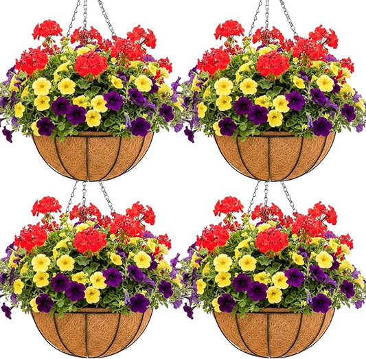 Metal 10 inch Round Planter, 4 Pack Hanging Wire Basket with Coco Fiber Liners, for Outdoor Plants Decoration JFFLYIT