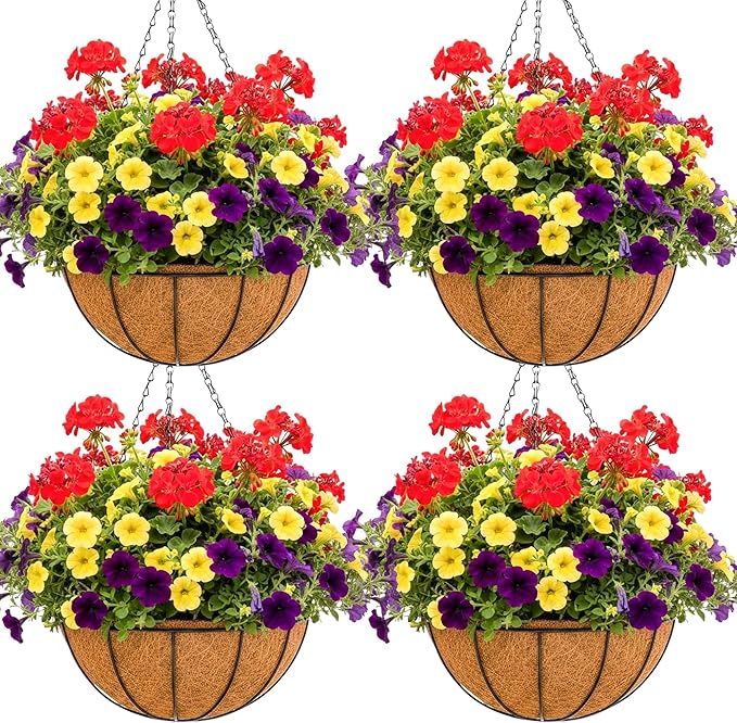 8 inch Metal Hanging Baskets For Plants Outdoor 4 Pack Round Metal Wire Hanging Basket Planter with Coco Fiber Liners Chain Round Wire Plant Holder for Garden, Patio, Deck, Porch Plants Flower Potss JFFLYIT