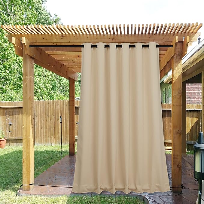 NICETOWN 2 Panels Weighted Blackout Curtains for Patio Waterproof, Top & Bottom Grommet & Back Tab Fixed Outdoor Curtains Windproof Drapes Thermal Insulated for Porch, W84 x L95, Biscotti Beige NICETOWN