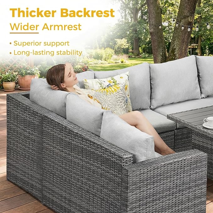 Wisteria Lane 7 Piece Patio Furniture Set, Wicker Patio Sectional with Wide Armrest, All Weather Outdoor Dining Set, Outdoor Furniture Patio Conversation Set with Ottoman, Ash Gray WisteriaLane