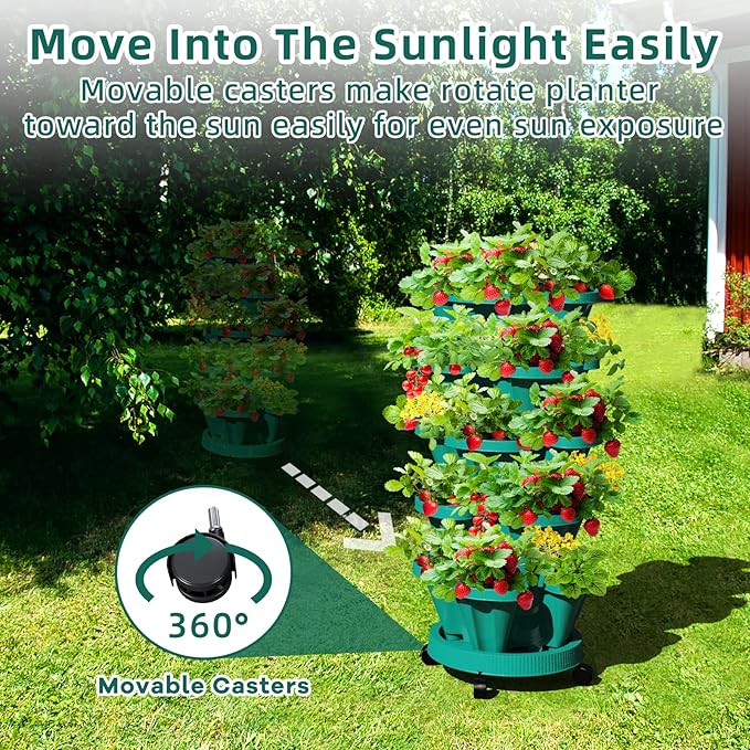 Strawberry Vertical Planters Tower Garden 3 Pack, 7 Tiered Stacking Herb Vegetable Planter with Support Pole Indoor and Outdoor - Hunter Green Tectsia