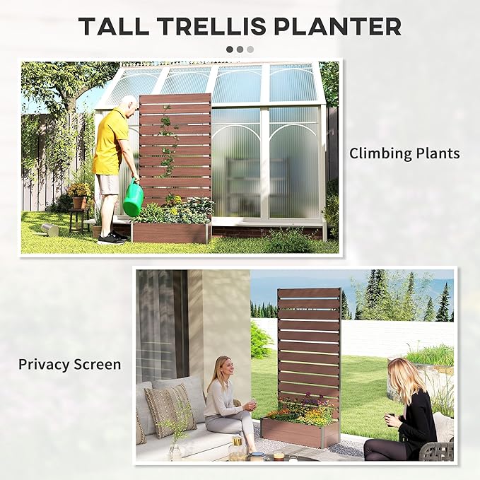 Outsunny Raised Garden Bed with Trellis for Climbing Plants, Planter Box with Self Draining Gap, Freestanding Trellis Planter for Outdoor, Patio, Deck, 35.75" x 15" x 70.75", Light Brown Outsunny