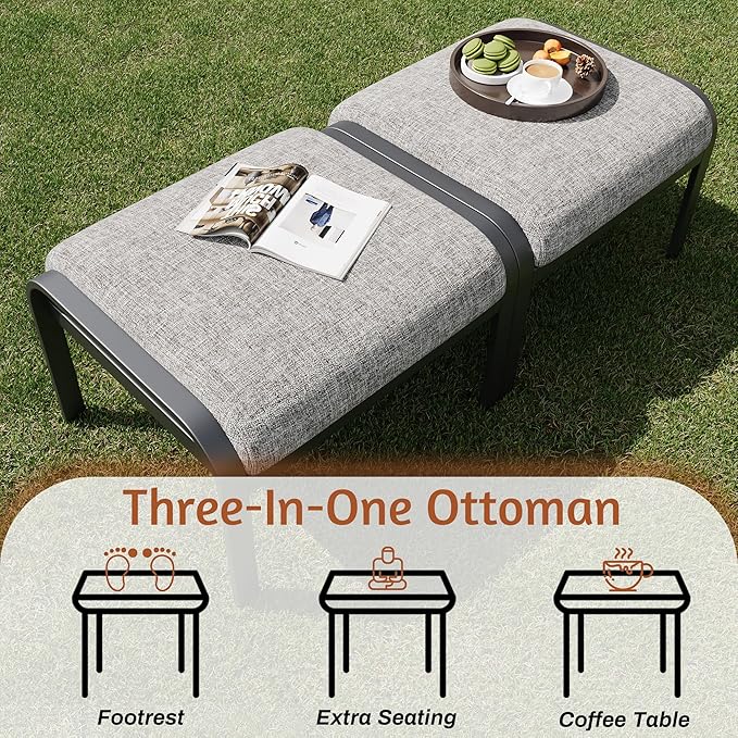 HOMREST Metal Outdoor Ottoman, 3-Piece Aluminum Footstool w/Removable Cushion, Multipurpose Footrest Stool with Coffee Side Table Additional Seating, Set of 3 Outdoor Ottomans for Patio Deck (Grey) HOMREST