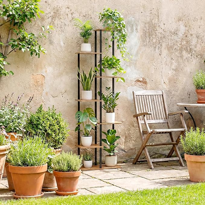 Plant Stand Indoor 7 Tier 8 Potted Metal Wood Plant Shelf, Multiple Flower Pots Corner Tall Plant Holder Stands for Living Room Balcony Bedroom, Rustic Brown GreenLivingSpaces