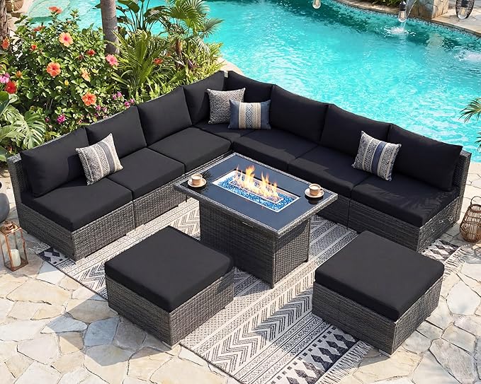 NICESOUL 10 Pcs Outdoor Sectional Set with Natural Gas/Propane Firepit Table, 29.3'' High-Back Patio Furniture Sofa Set, Oversized Rattan Couches for Backyard Garden Lawn, 2 Color Cushion Black & Gray NICESOUL