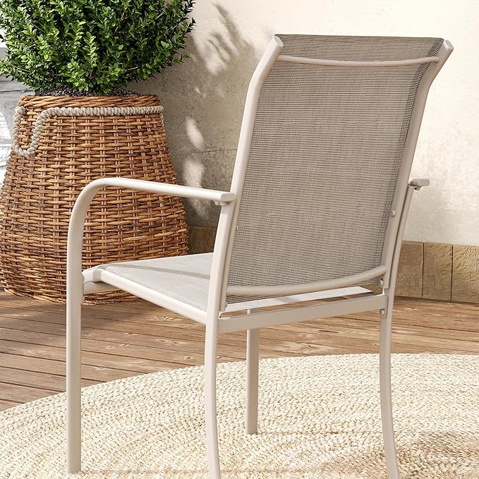 VICLLAX 5 Pieces Patio Dining Set, Outdoor Furniture Set Includes 37.8" Square Outdoor Table and 4 Stackable Patio Sling Chairs, Grey Wood-Like Tabletop and Sandshell Color Fabric HOME
