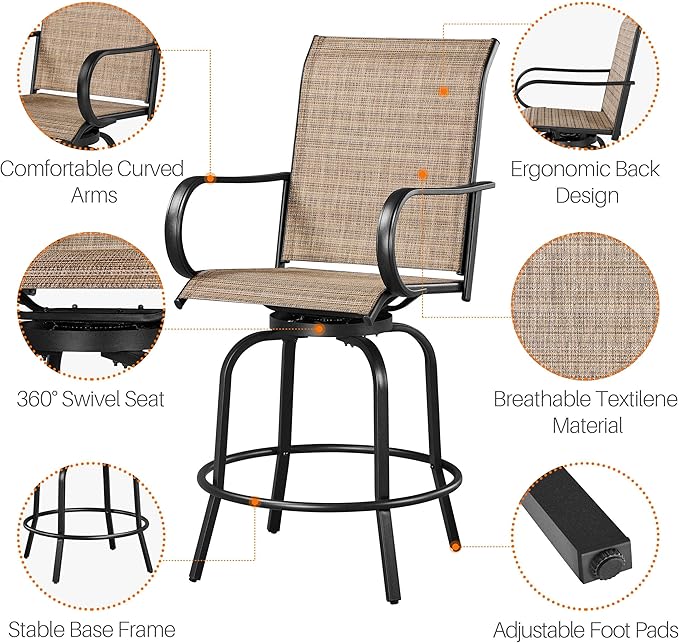 Yaheetech Patio Swivel Barstools Outdoor Chairs Set of 4, High Bistro Stools Outdoor Furniture, All-Weather Patio Stools for Outside, Beach, Lawn, Poolside and Garden, Black/Brown Yaheetech
