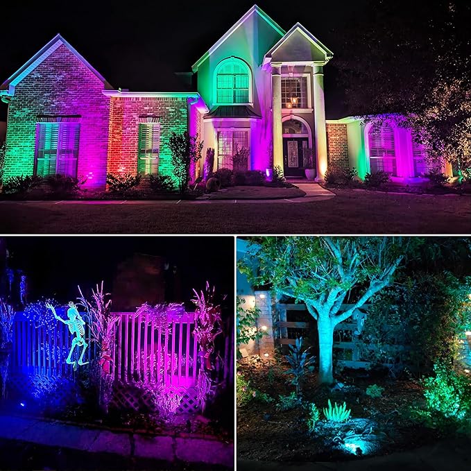 SUNVIE 12 Pack RGBW Color Changing Landscape Lights with 300W Low Voltage Landscape Transformer 12-24V LED Landscape Lighting Kit Waterproof Multicolor Spotlights for Christmas House Yard Tree Garden SUNVIE