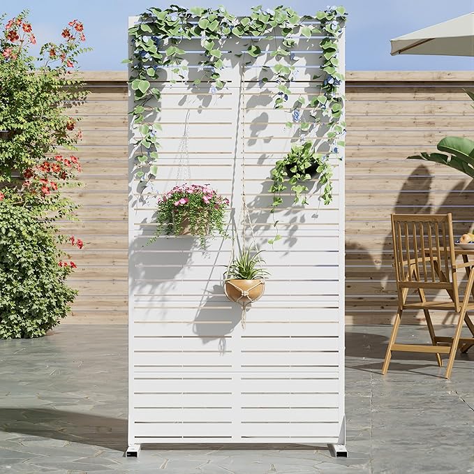 Casaphoria Metal Privacy Screen Outdoor, 72" H x 35" W Freestanding Decorative Privacy Screen for Patio Deck Balcony Garden with Stable Base, White-Louvered Casaphoria