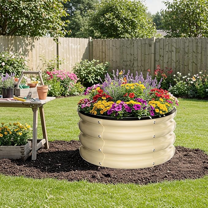 ZXZYHFTY Round Galvanized Raised Garden Bed kit,White Outdoor Garden Raised Planter Box, Round Large Metal Raised Garden Beds for Vegetable 2 * 2 * 1ft 3 Pcs ZXZYHFTY