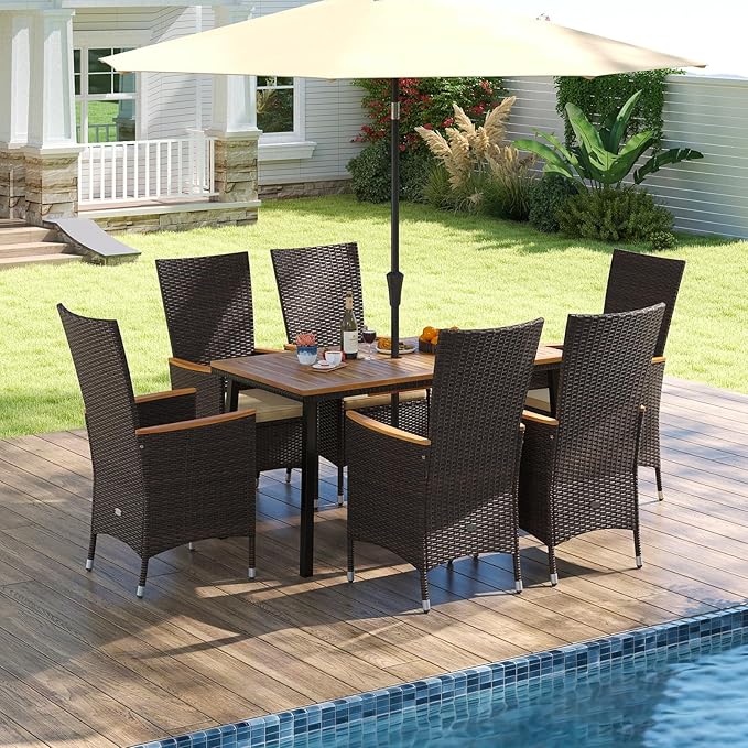 Tangkula 7 Pieces Rattan Outdoor Dining Set for 6, Outdoor Acacia Wood Table Set with 6 Cushioned Wicker Chairs, Umbrella Hole, Patio Dining Furniture Set for Deck Pool Backyard TANGKULA