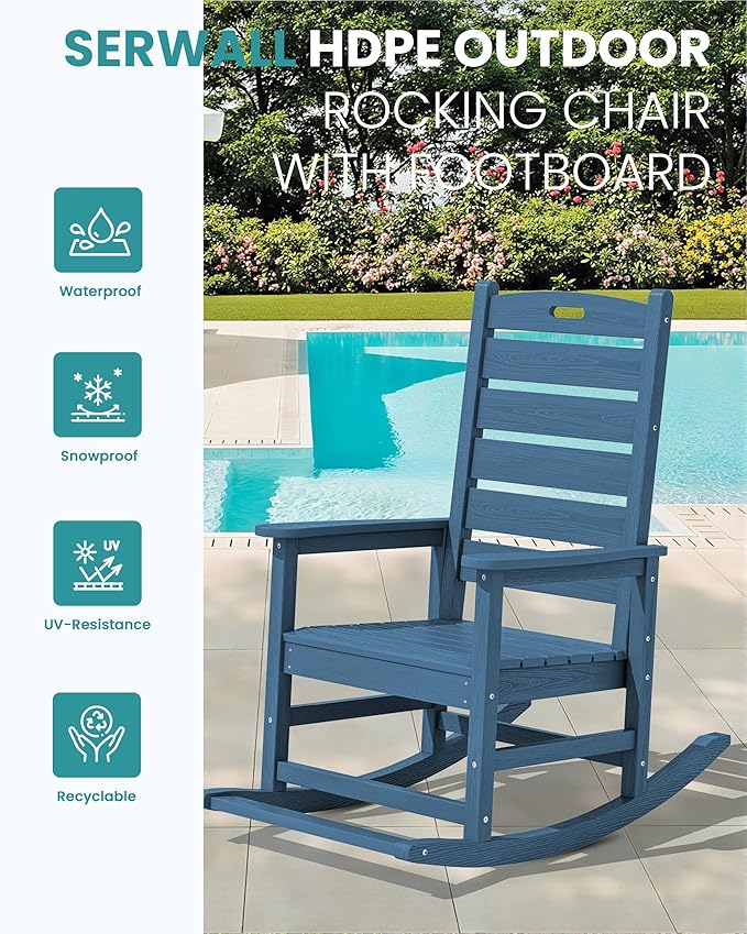 SERWALL Oversized Outdoor Rocking Chair, HDPE Patio Rocking Chair with Footrest for Adults, All Weather Porch Rocker for Deck Patio Balcony, Navy SERWALL