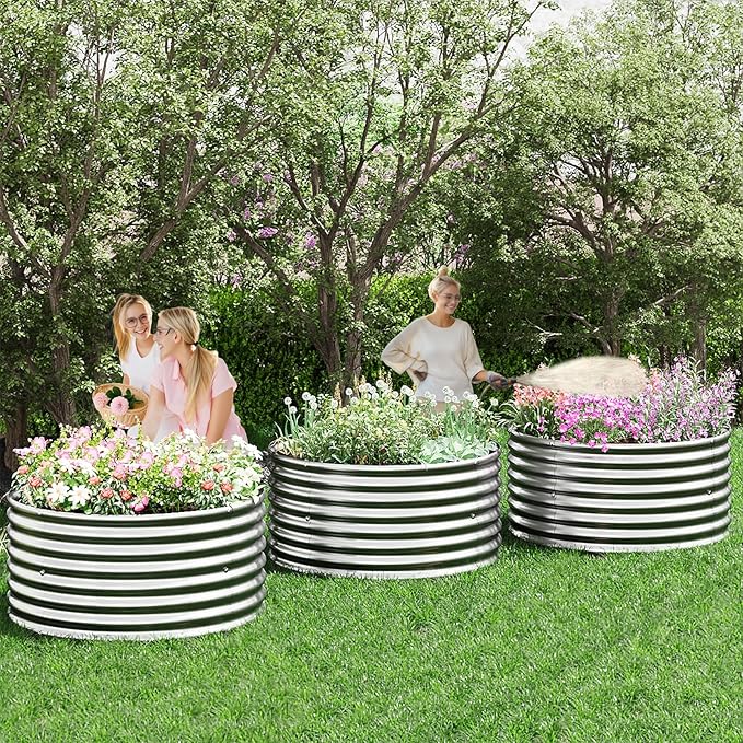4 Pack Tall 2x2x1.5ft Round Galvanized Raised Garden Bed Outdoor, Metal Garden Bed for Vegetables, Above Ground Garden Box for Flower, Steel Raised Beds for Gardening Mostmahes