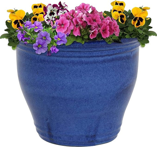 Sunnydaze Large Ceramic Plant Pot - Round Outdoor Glazed Ceramic Planter Pot with Drainage - Studio - Imperial Blue - 14.5" SunnydazeDecor