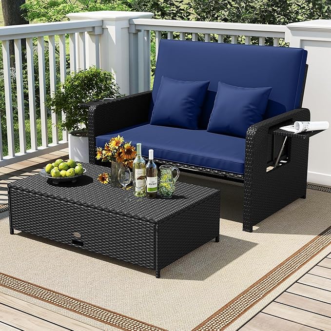 Tangkula Patio Rattan Daybed with 4-Level Adjustable Backrest, Outdoor PE Wicker Loveseat with Storage Ottoman & Folding Side Tray, Double Sunbed Lounger for Balcony, Backyard & Poolside (Navy) TANGKULA