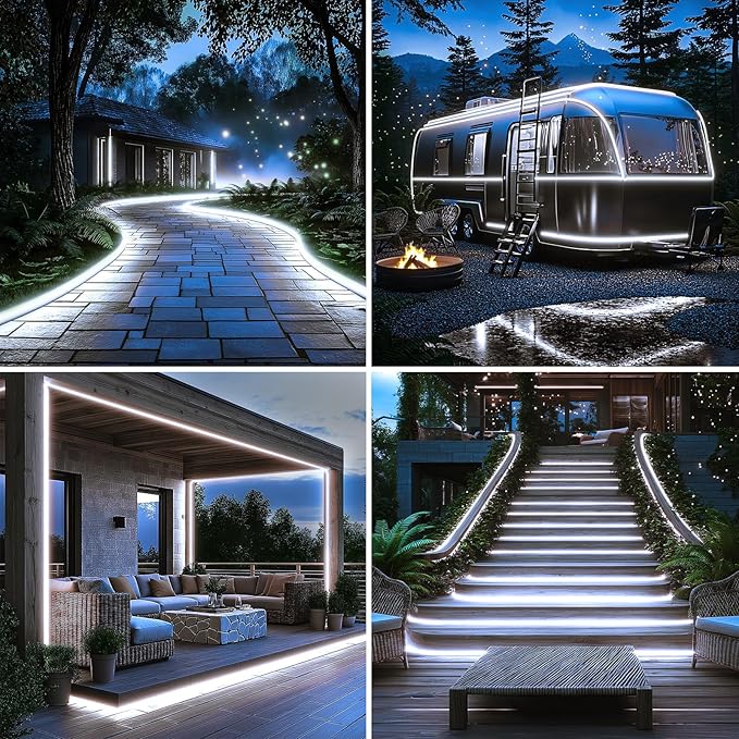 DBFAIRY 50Ft Solar LED Strip Lights Outdoor, Large Capacity Solar Powered Flexible Tape Lights with Remote Dimmable 8 Lighting Modes for Patio Pool Camping Decor, 6000K Cool White DBFAIRY