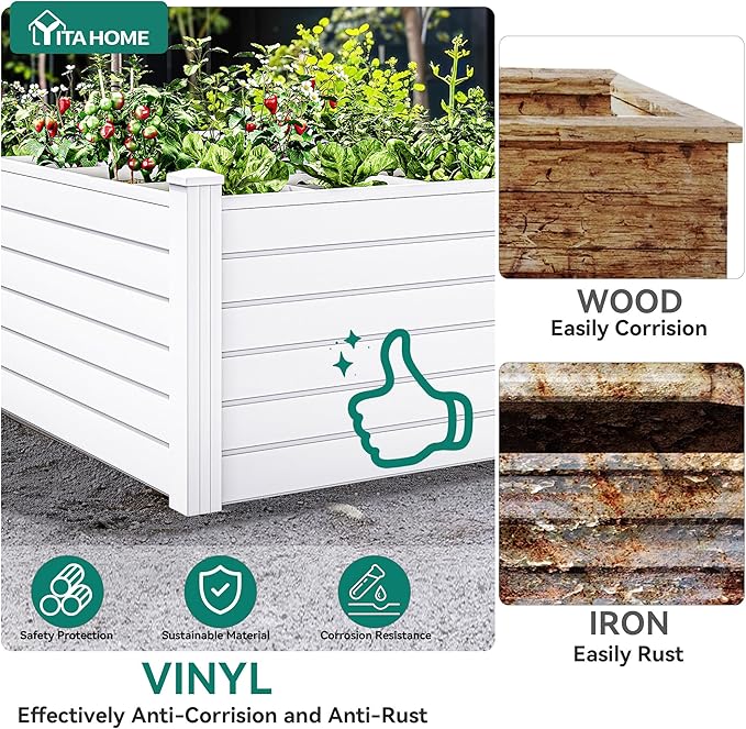 YITAHOME 4x4x2 FT Plastic Raised Garden Bed Kit, Large Outdoor Above Ground Planter Box with Growth Grid for Plants, Vegetables, and Flowers, Easy Installation, White YITAHOME
