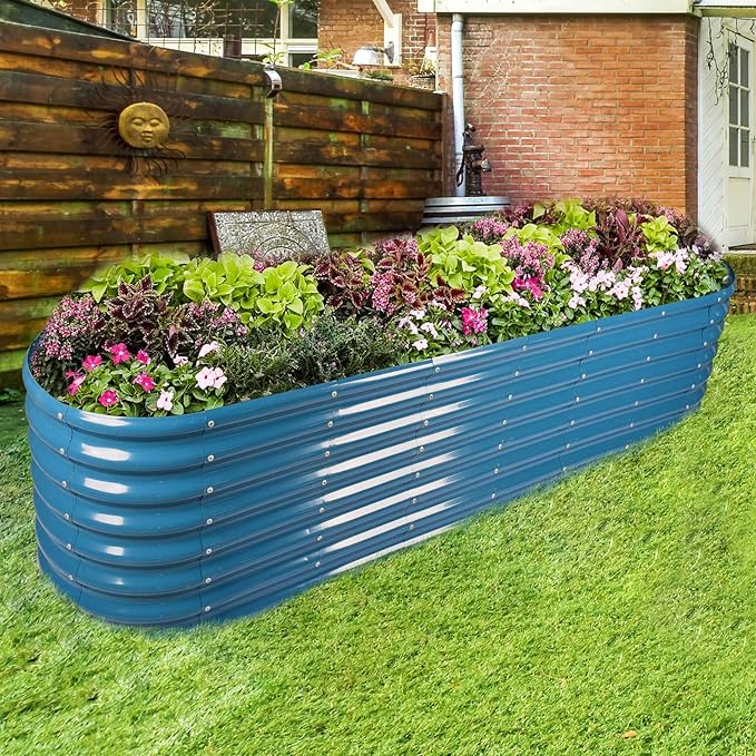 Land Guard 8×2×2ft Galvanized Raised Garden Bed Kit, Raised Garden Boxes Outdoor, Oval Metal Raised Garden Beds for Vegetables, Blue LandGuard