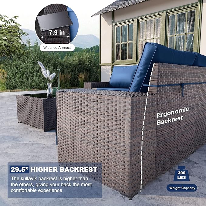 Kullavik 9 Pieces Outdoor Patio Furniture Set,PE Wicker Rattan Sectional Sofa Patio Conversation Sets with Swivel Rocking Chairs Set,Navy Blue KULLAVIK