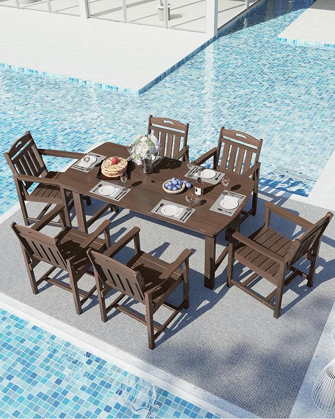 Ciokea HDPE Outdoor Dining Set, 7-Piece Patio Table and Chairs Set with Umbrella Hole, All-Weather Patio Dining Sets for 6, Durable Patio Furniture for Backyard, Garden, Lawn & Poolside, Brown CIOKEA
