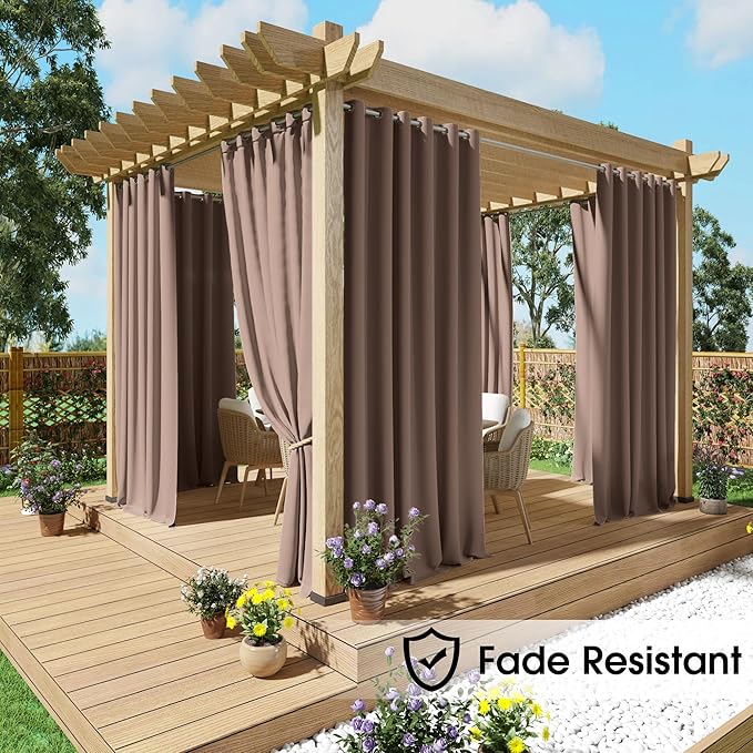 NICETOWN Fade Resistant Outdoor Curtains 2 Panels, Patio Waterproof Drapery Color Fastness Grade 4 Certification, UV Protection Blackout Shades for Porch, Deck, Pergolas, Tan, W52 x L108 NICETOWN