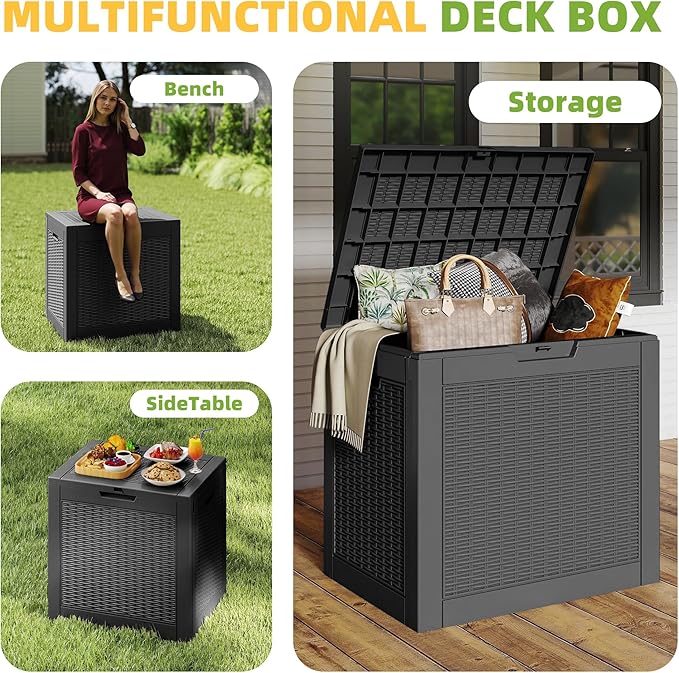 31 Gallon Outdoor Storage Box Weather Resistant UV Protection Waterproof Resin Deck Box for Garden, Patio, Porch, Delivery(Rattan Black) KFY