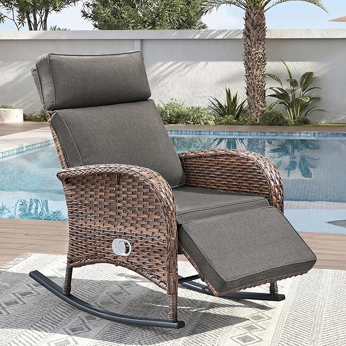 Zero Gravity Patio Rocking Wicker Recliner Chair - Wicker Outdoor Lounge Chair with Adjustable Backrest & Footrest, All Weather Reclining Rocker Chairs with Thick Cushion for Pool Deck Gray JelwalyPatioFurnitureSet